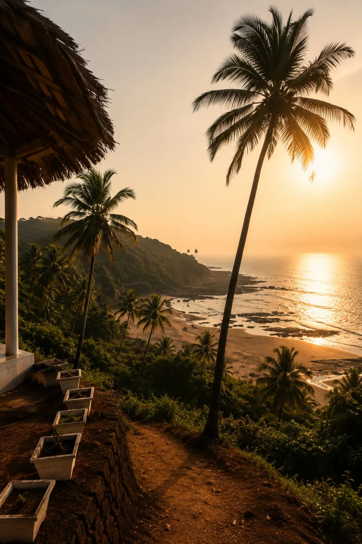 Goa beach with palm trees and seaside shacks at sunset